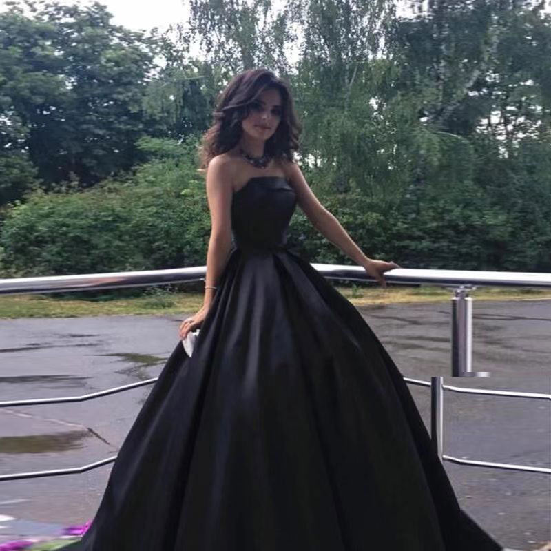 Women's Black Satin Long Evening Dress