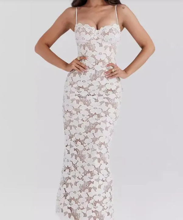 White lace dress with floral patterns 