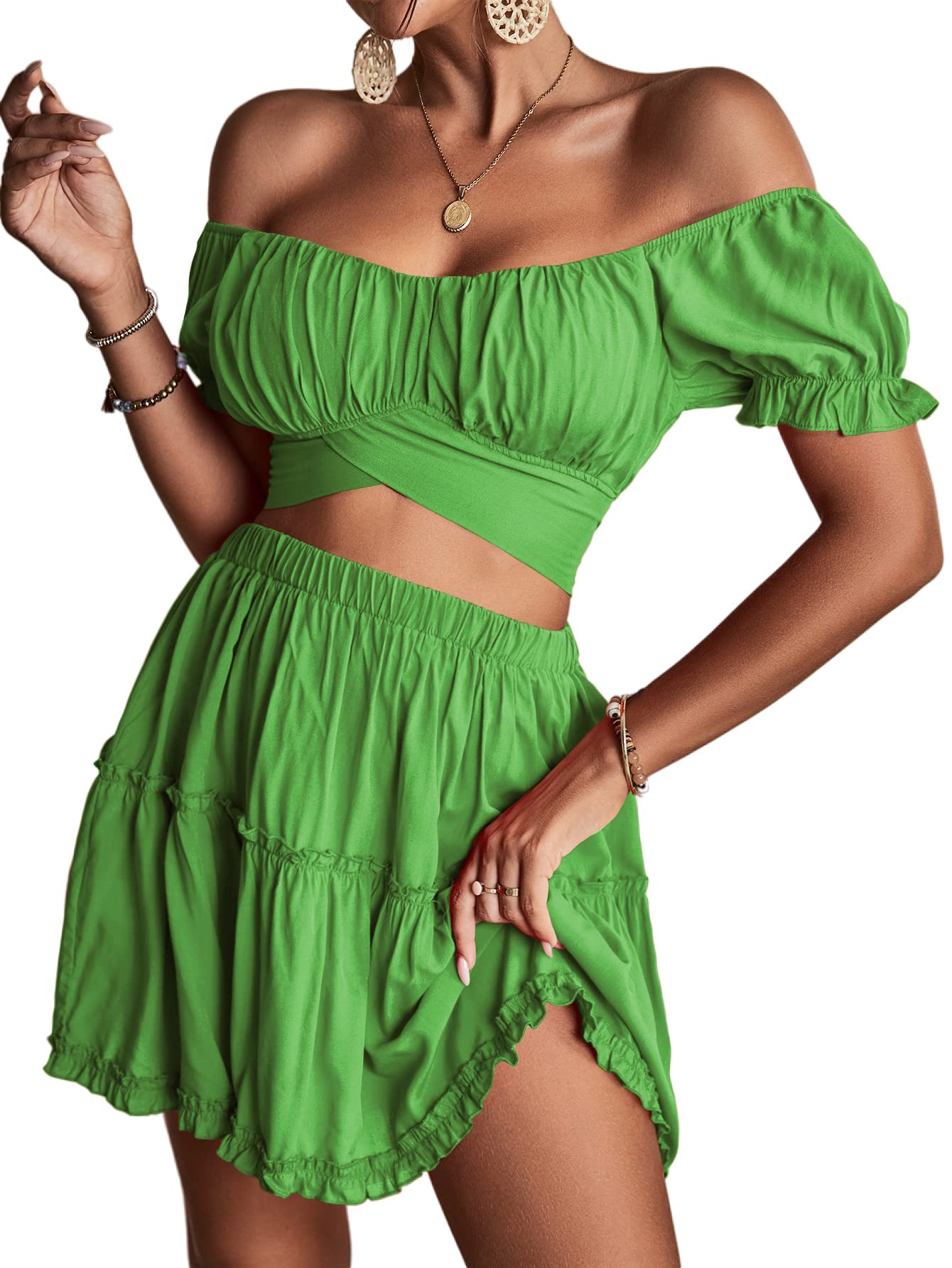 Green Tie-Up Crop & Skirt Set