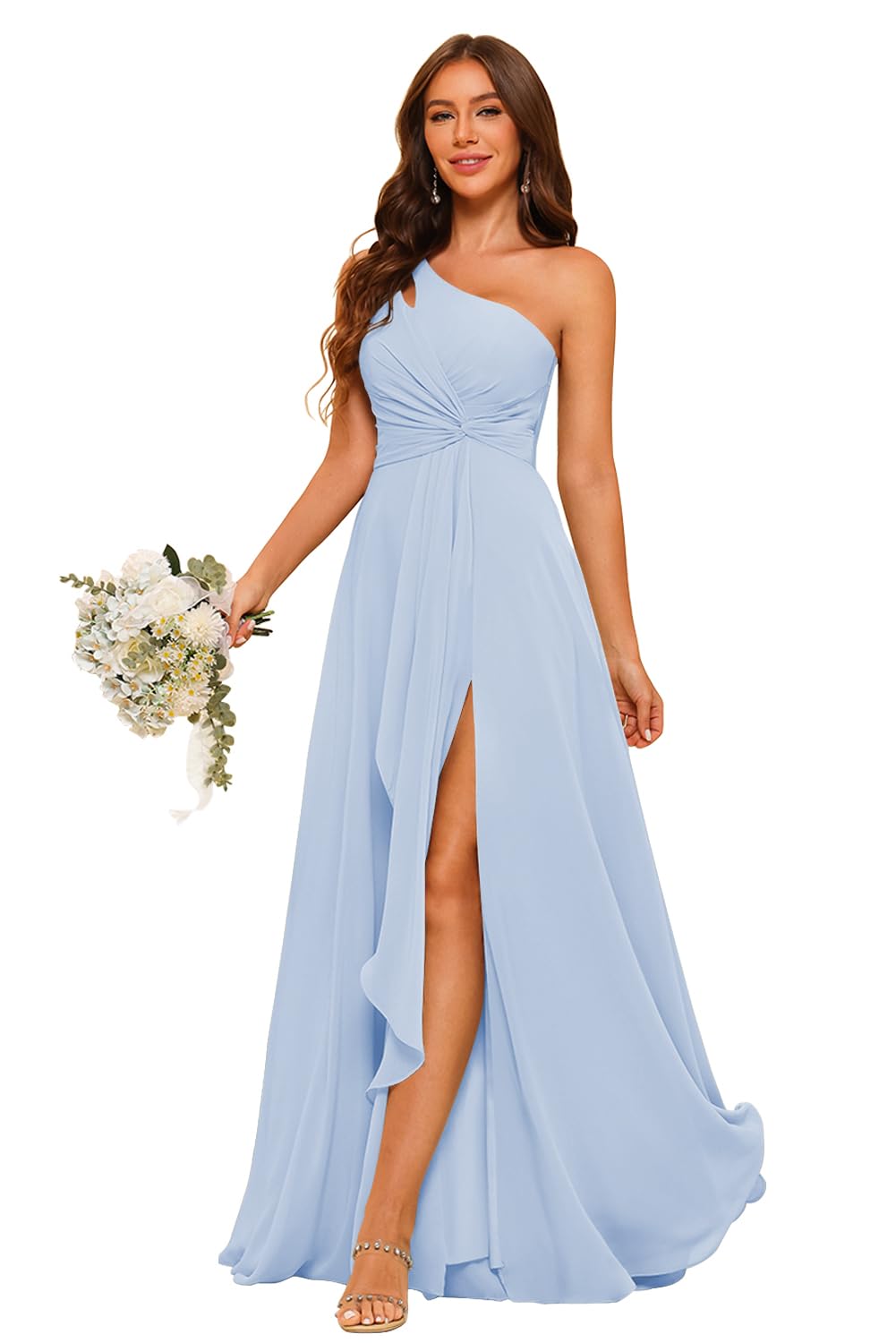 Raseal Sky Blue Long Chiffon Bridesmaid Dress for Women One Shoulder Pleated Evening Dresses for Women Sky Blue 08