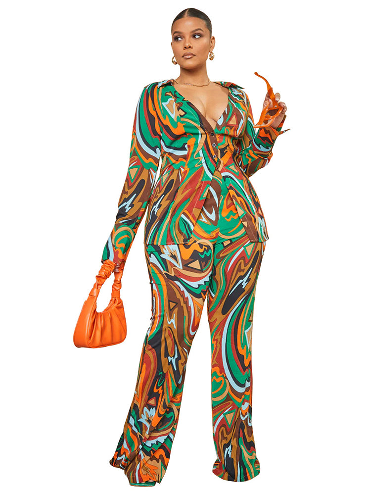 Plus Size 2 Piece Set for Women - Tops & Flare Pants