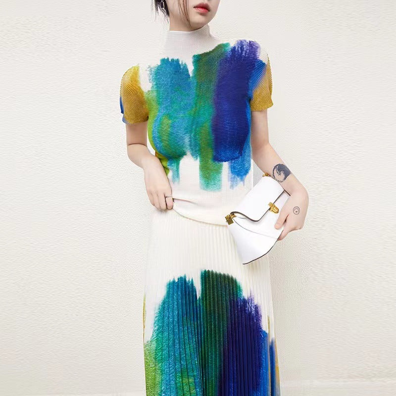 Paintsplat Pleated Set - Fashionable Top and Skirt (One Set)