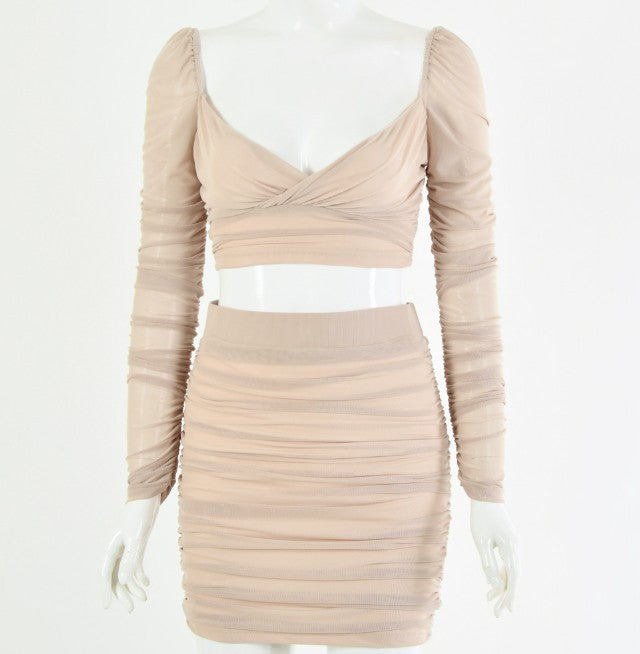 Sexy Long Sleeve Crop Top and Ruched Skirt Set