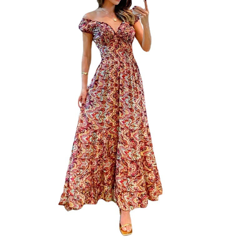 2026 Summer V-Neck Printed Ruffle Dress for Women