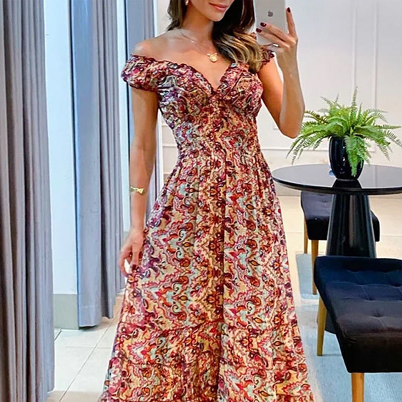 2026 Summer V-Neck Printed Ruffle Dress for Women