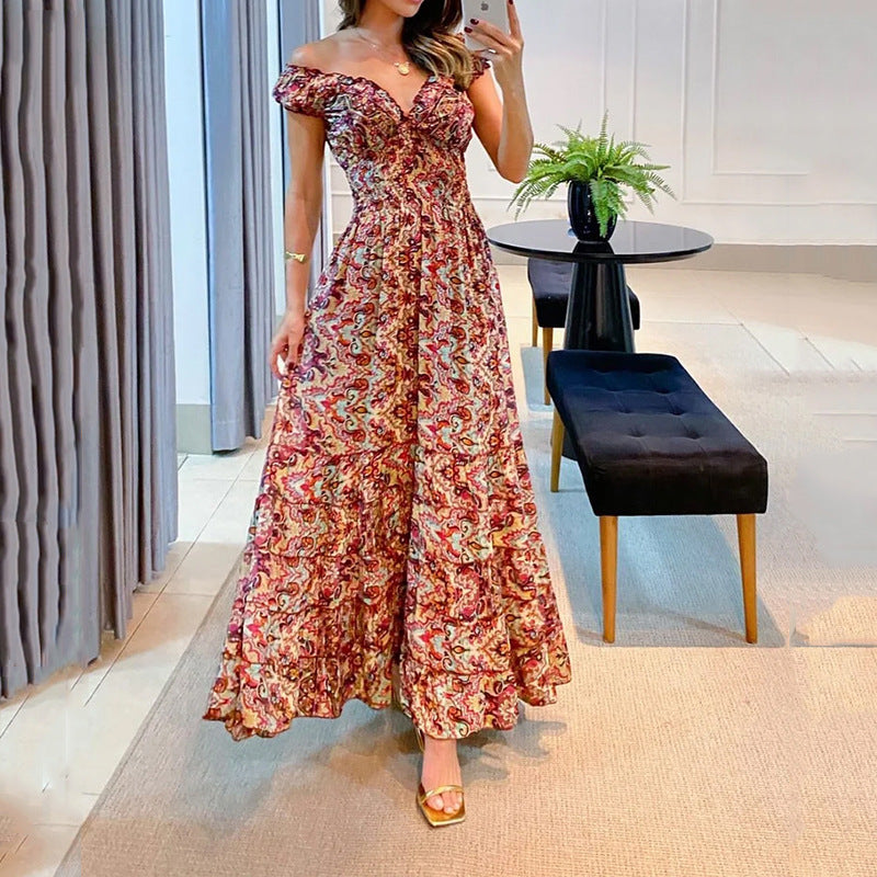 2026 Summer V-Neck Printed Ruffle Dress for Women
